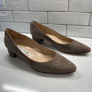 Manolo Blahnik Listony Block Heel Suede Pumps